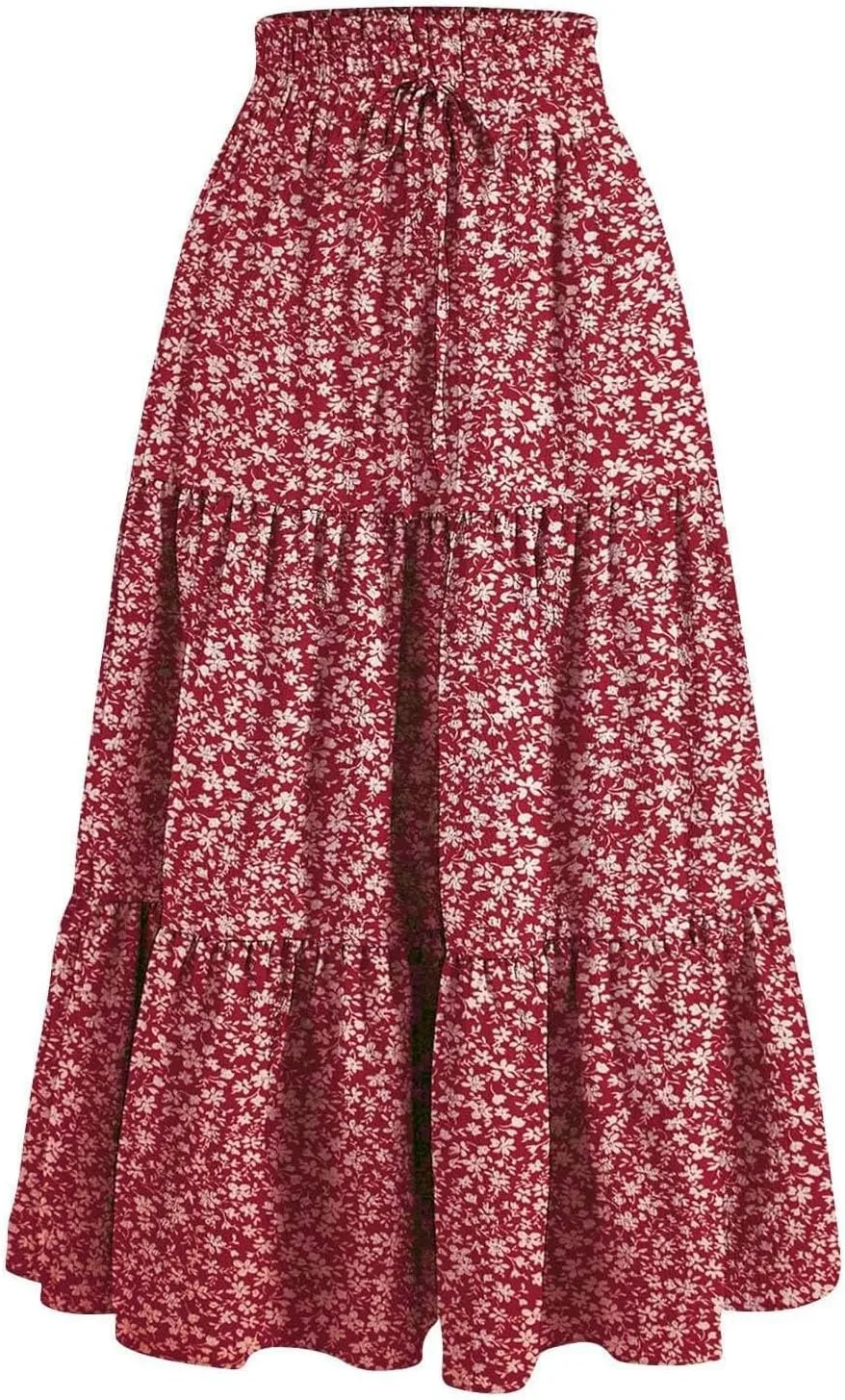 Women's Smocked High Waist Maxi Boho Skirts Casual Beach Vacation Long Skirt with Pockets A-Line Flowy Swing Skirts