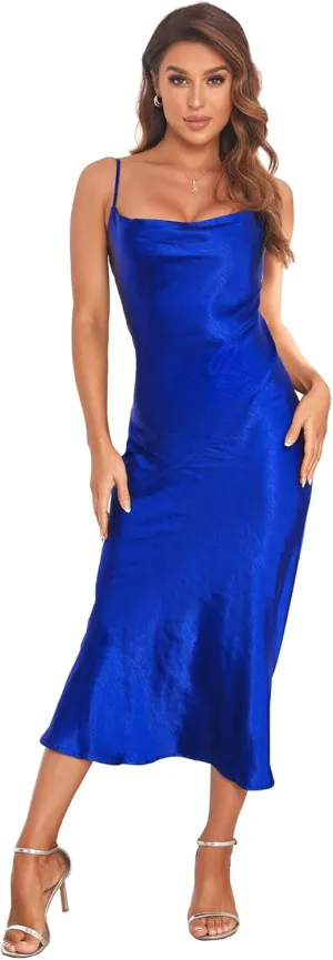 Women's Spaghetti Strap Midi Satin Silk Dresses Slip Cowl Neck Party Cocktail Evening Sexy Dress