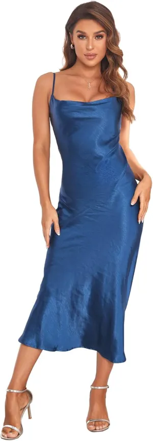 Women's Spaghetti Strap Midi Satin Silk Dresses Slip Cowl Neck Party Cocktail Evening Sexy Dress