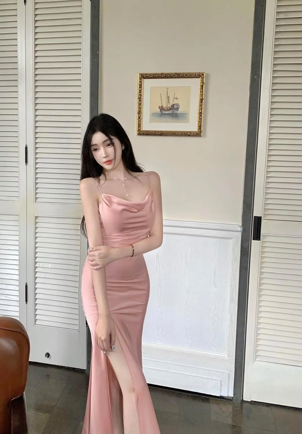 Women's Spaghetti Strap Midi Satin Silk Dresses Slip Cowl Neck Party Cocktail Evening Wedding Guests Dress