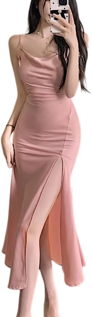 Women's Spaghetti Strap Midi Satin Silk Dresses Slip Cowl Neck Party Cocktail Evening Wedding Guests Dress