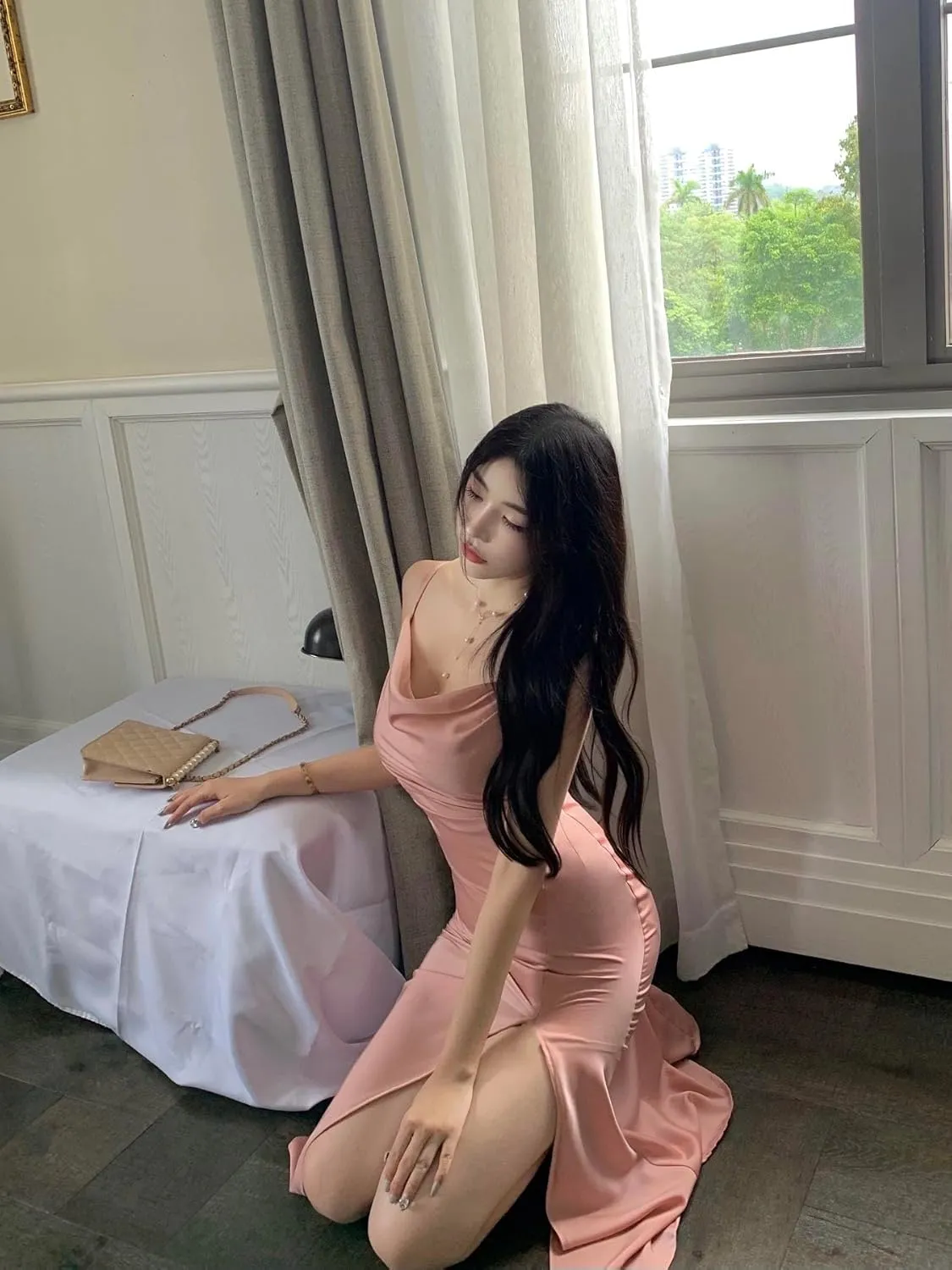 Women's Spaghetti Strap Midi Satin Silk Dresses Slip Cowl Neck Party Cocktail Evening Wedding Guests Dress