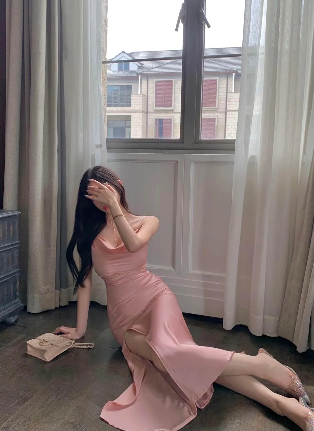 Women's Spaghetti Strap Midi Satin Silk Dresses Slip Cowl Neck Party Cocktail Evening Wedding Guests Dress
