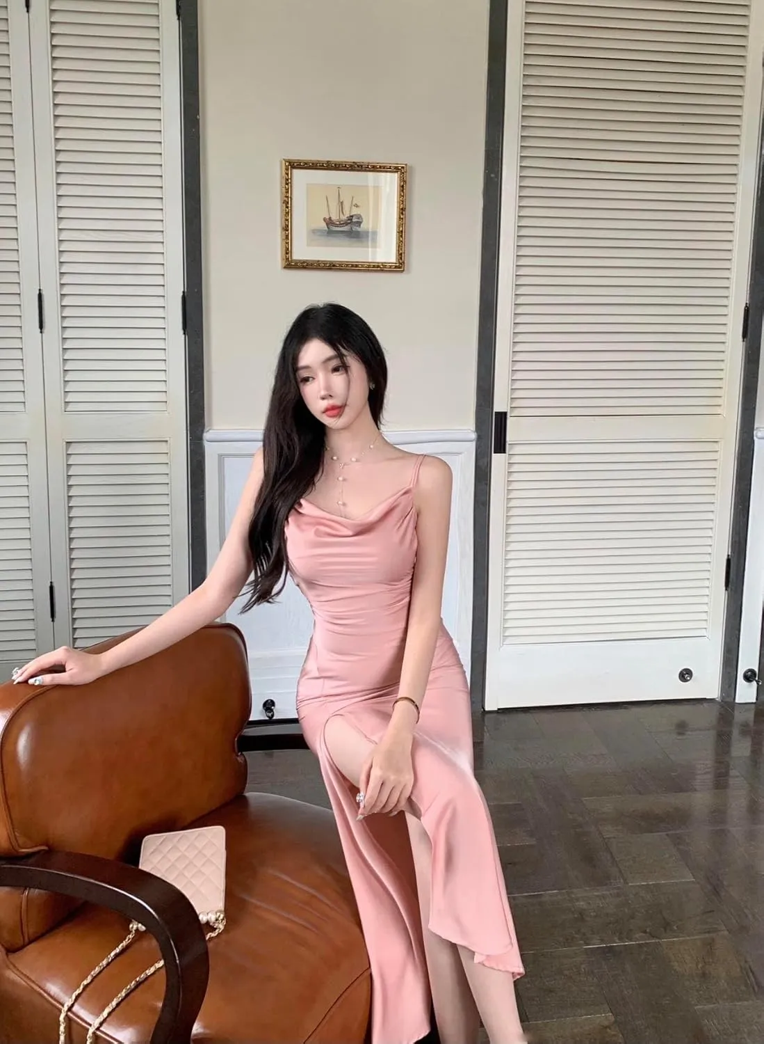 Women's Spaghetti Strap Midi Satin Silk Dresses Slip Cowl Neck Party Cocktail Evening Wedding Guests Dress