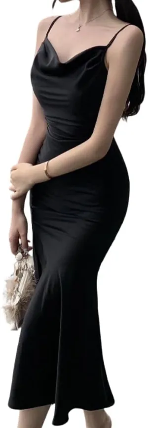 Women's Spaghetti Strap Midi Satin Silk Dresses Slip Cowl Neck Party Cocktail Evening Wedding Guests Dress