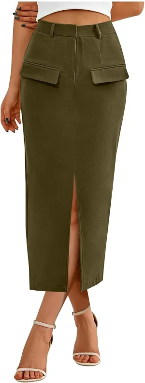 Women's Stretch Pencil Skirt Cotton Business Casual Work Midi Skirts Ladies Elastic Waist Slit Bodycon Suit Skorts