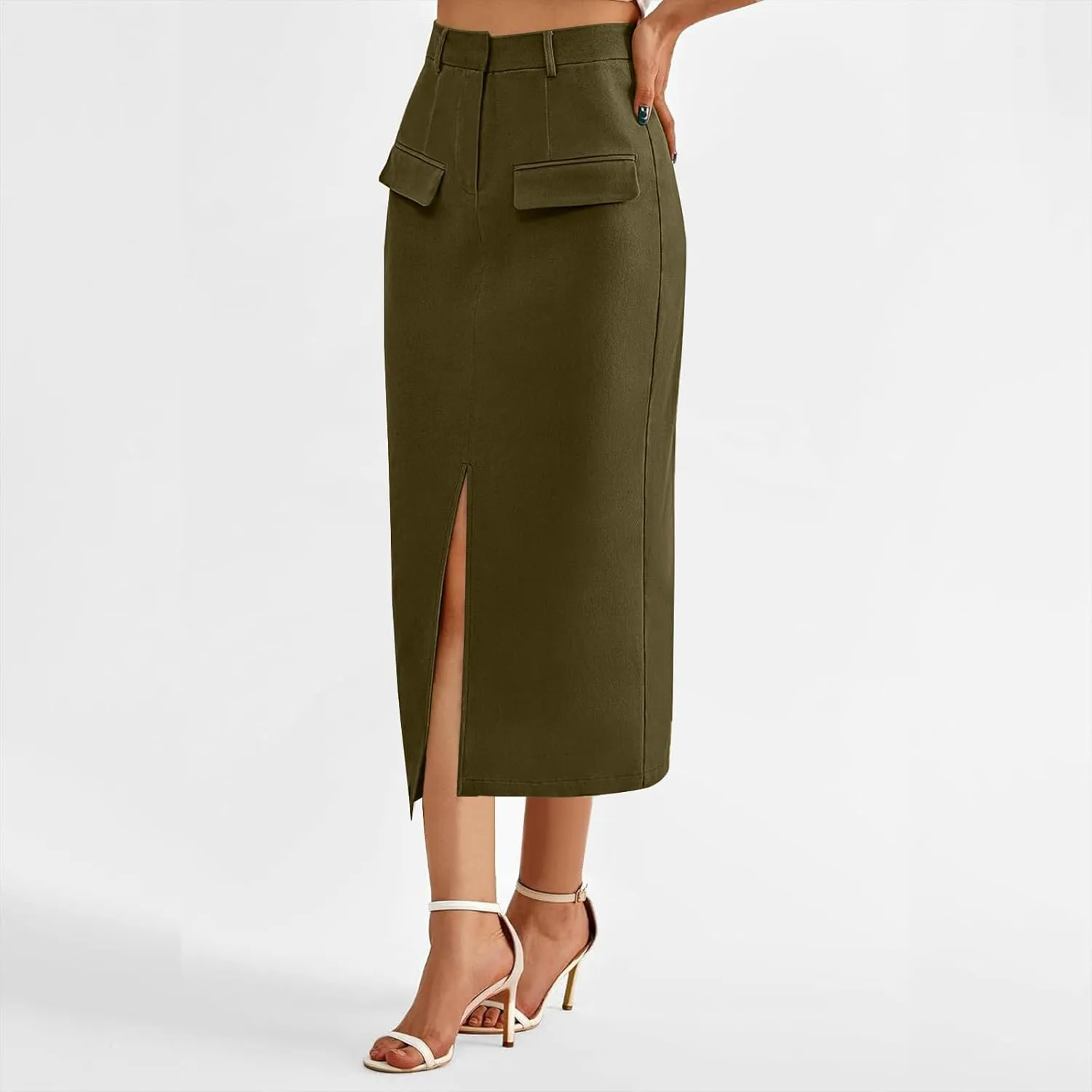 Women's Stretch Pencil Skirt Cotton Business Casual Work Midi Skirts Ladies Elastic Waist Slit Bodycon Suit Skorts