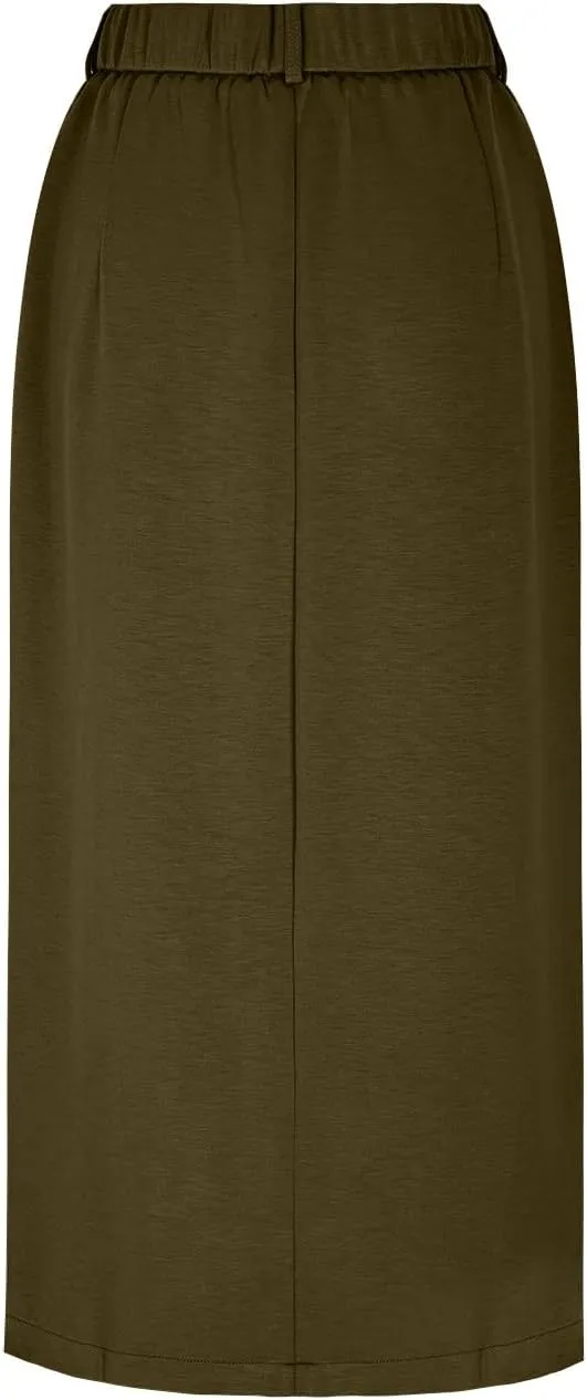 Women's Stretch Pencil Skirt Cotton Business Casual Work Midi Skirts Ladies Elastic Waist Slit Bodycon Suit Skorts