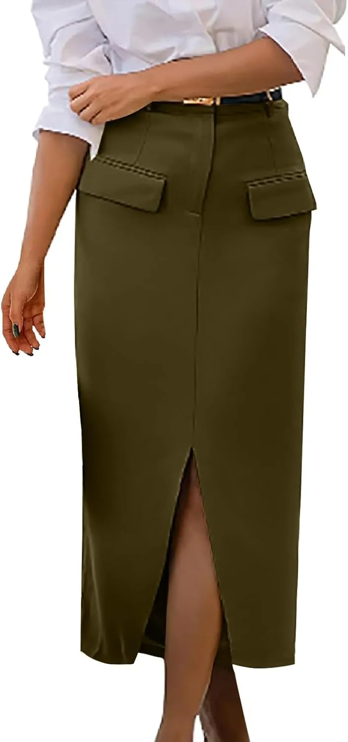Women's Stretch Pencil Skirt Cotton Business Casual Work Midi Skirts Ladies Elastic Waist Slit Bodycon Suit Skorts