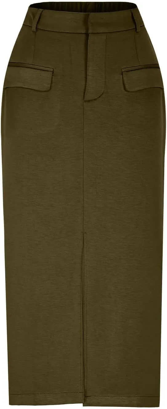 Women's Stretch Pencil Skirt Cotton Business Casual Work Midi Skirts Ladies Elastic Waist Slit Bodycon Suit Skorts