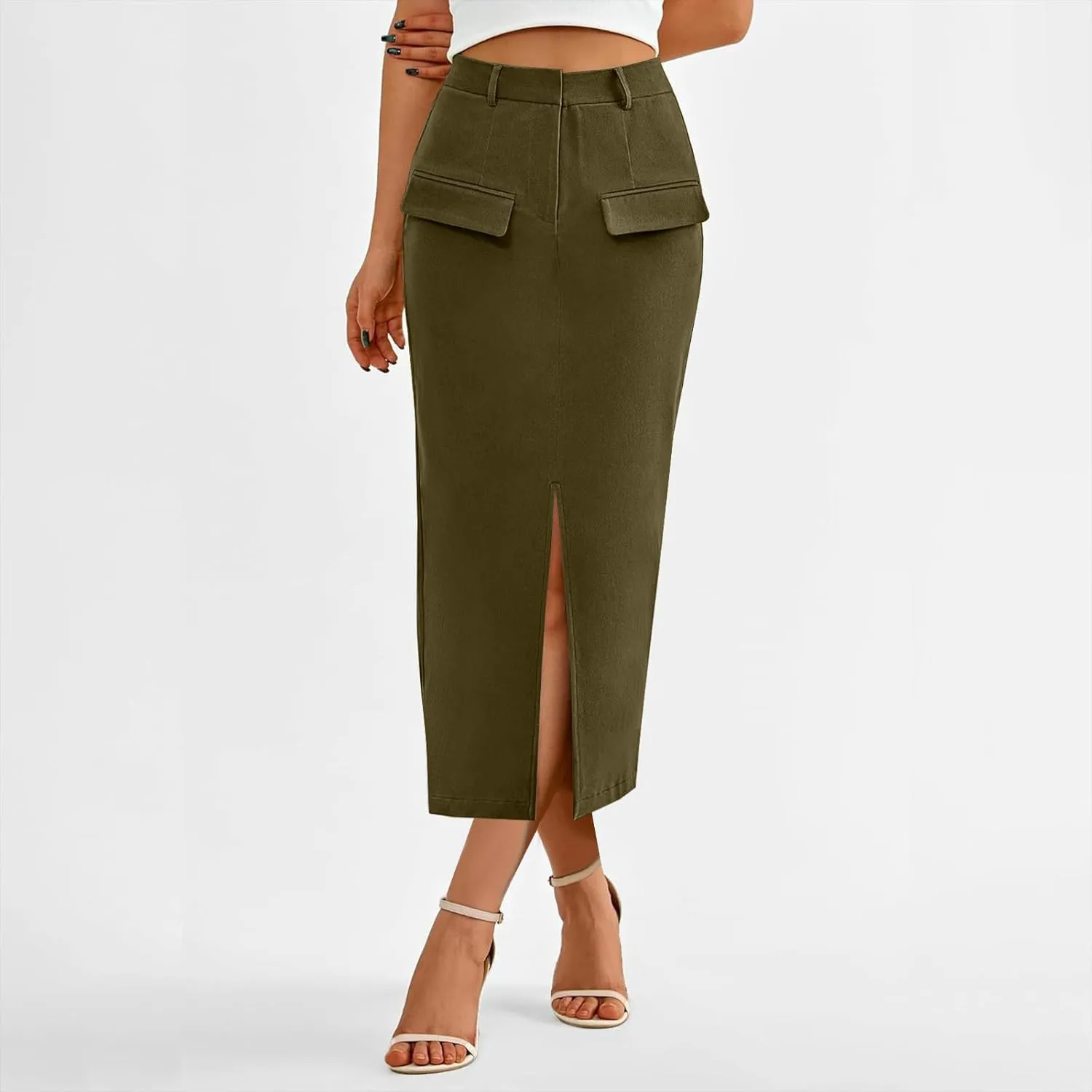 Women's Stretch Pencil Skirt Cotton Business Casual Work Midi Skirts Ladies Elastic Waist Slit Bodycon Suit Skorts
