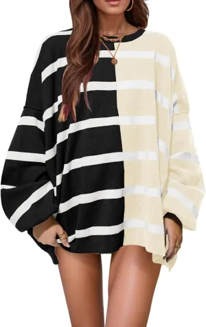 Womens Striped Sweaters Oversized Casual Loose Long Sleeve Crew Neck Color Block Lightweight Cozy Sweaters for Women