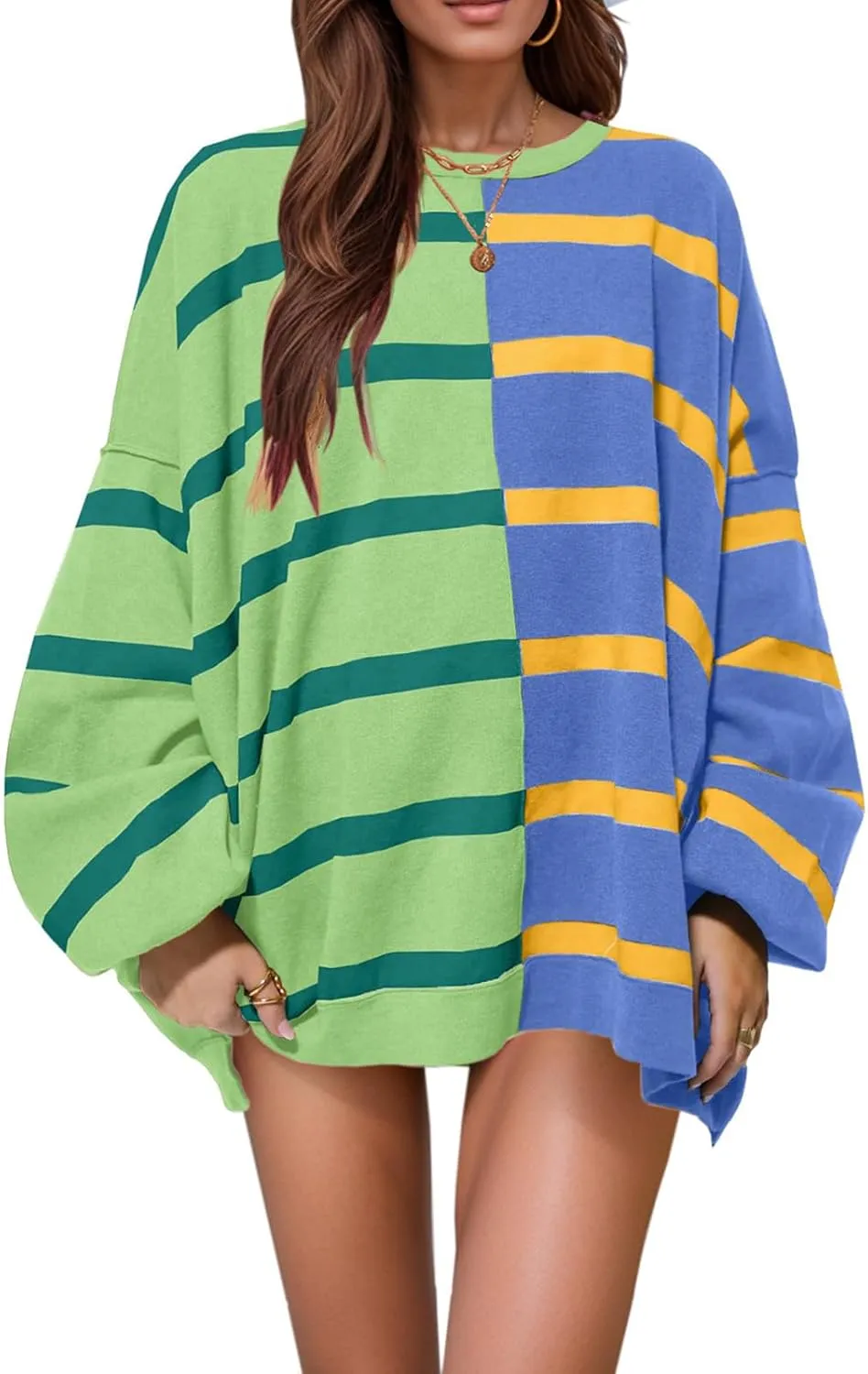 Womens Striped Sweaters Oversized Casual Loose Long Sleeve Crew Neck Color Block Lightweight Cozy Sweaters for Women