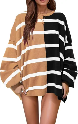 Womens Striped Sweaters Oversized Casual Loose Long Sleeve Crew Neck Color Block Lightweight Cozy Sweaters for Women