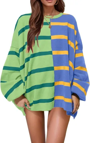 Womens Striped Sweaters Oversized Casual Loose Long Sleeve Crew Neck Color Block Lightweight Cozy Sweaters for Women