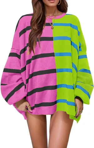 Womens Striped Sweaters Oversized Casual Loose Long Sleeve Crew Neck Color Block Lightweight Cozy Sweaters for Women