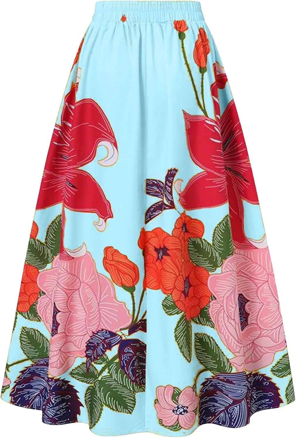 Womens Summer Boho Floral Maxi Skirt Elastic High Waist Flowy Long Skirts Tiered Pleated Beach Casual A Line with Pockets