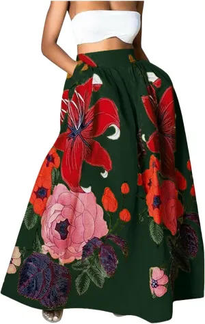 Womens Summer Boho Floral Maxi Skirt Elastic High Waist Flowy Long Skirts Tiered Pleated Beach Casual A Line with Pockets