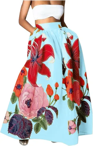 Womens Summer Boho Floral Maxi Skirt Elastic High Waist Flowy Long Skirts Tiered Pleated Beach Casual A Line with Pockets