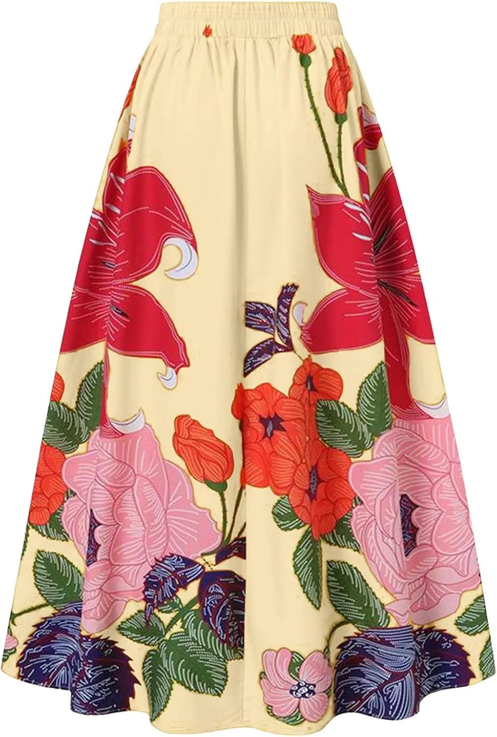 Womens Summer Boho Floral Maxi Skirt Elastic High Waist Flowy Long Skirts Tiered Pleated Beach Casual A Line with Pockets