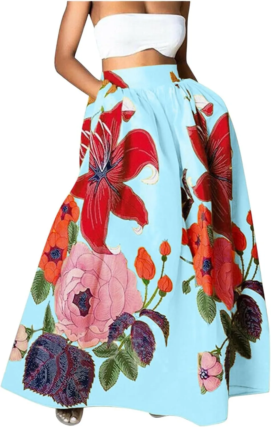 Womens Summer Boho Floral Maxi Skirt Elastic High Waist Flowy Long Skirts Tiered Pleated Beach Casual A Line with Pockets
