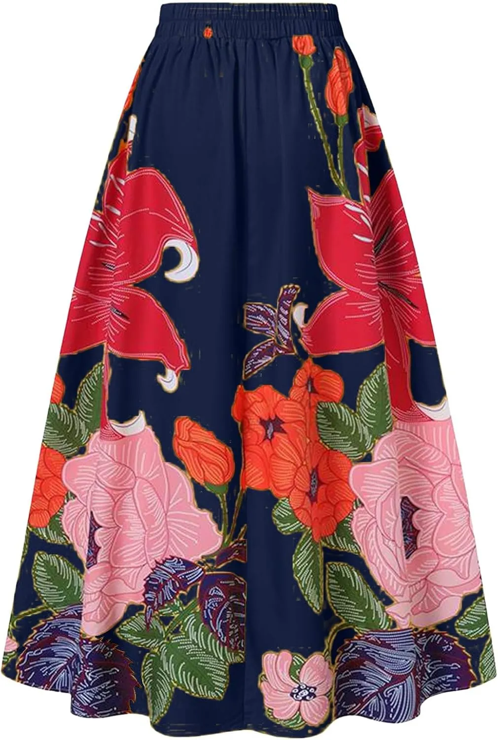 Womens Summer Boho Floral Maxi Skirt Elastic High Waist Flowy Long Skirts Tiered Pleated Beach Casual A Line with Pockets