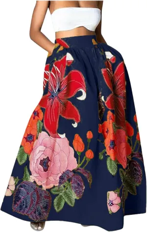 Womens Summer Boho Floral Maxi Skirt Elastic High Waist Flowy Long Skirts Tiered Pleated Beach Casual A Line with Pockets