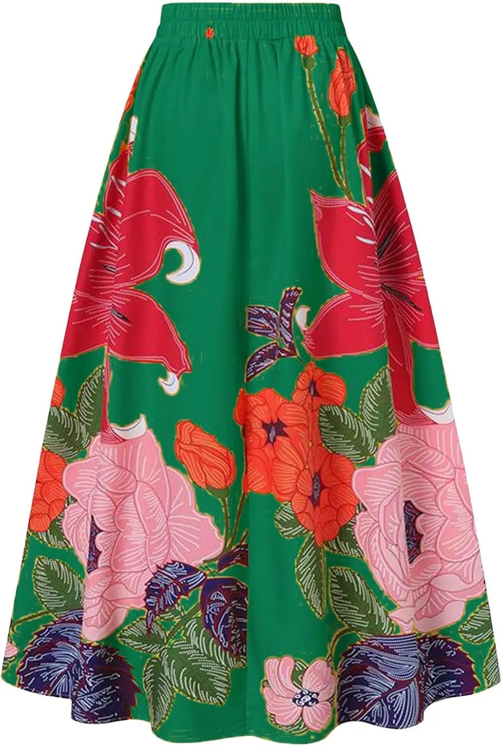 Womens Summer Boho Floral Maxi Skirt Elastic High Waist Flowy Long Skirts Tiered Pleated Beach Casual A Line with Pockets