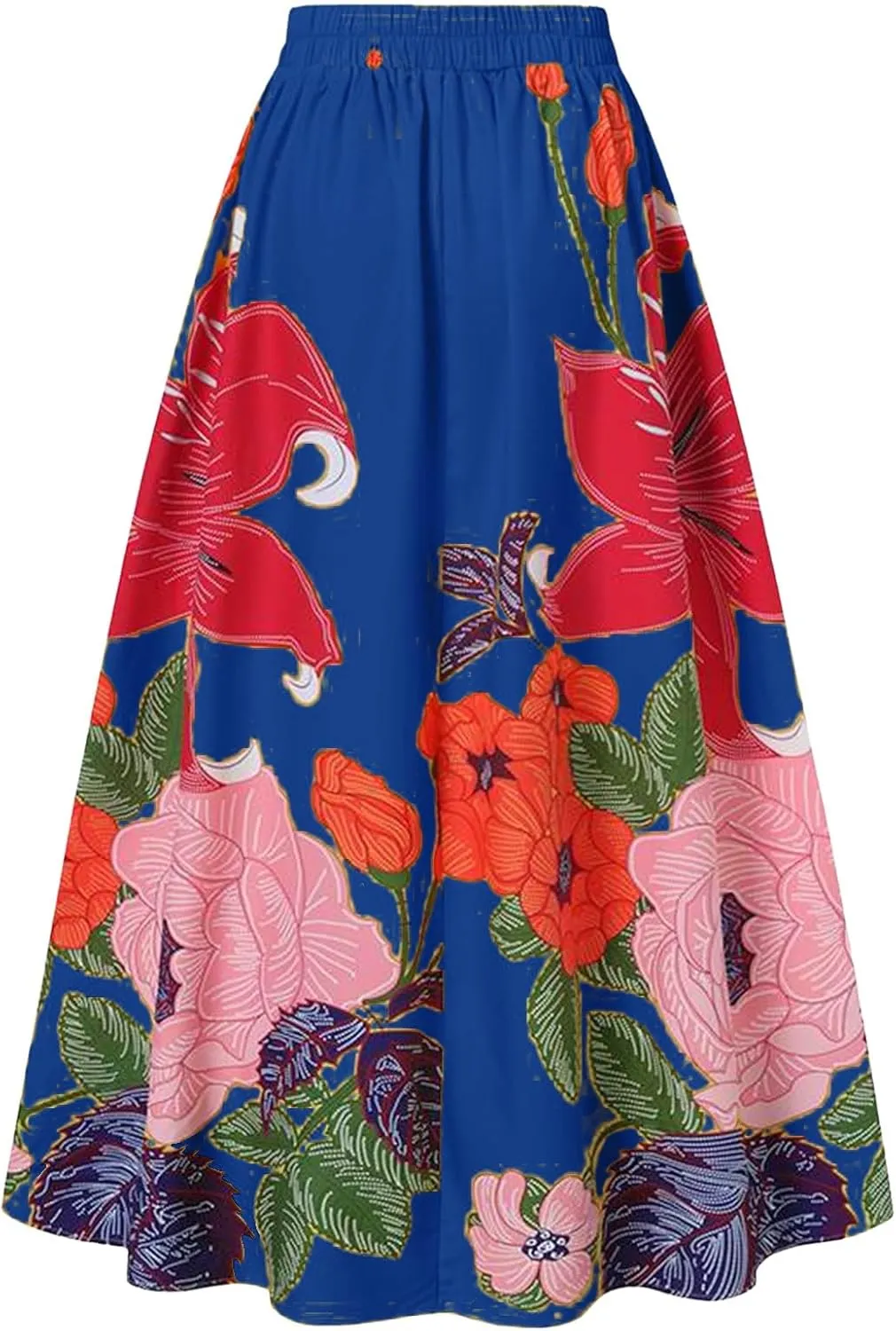 Womens Summer Boho Floral Maxi Skirt Elastic High Waist Flowy Long Skirts Tiered Pleated Beach Casual A Line with Pockets