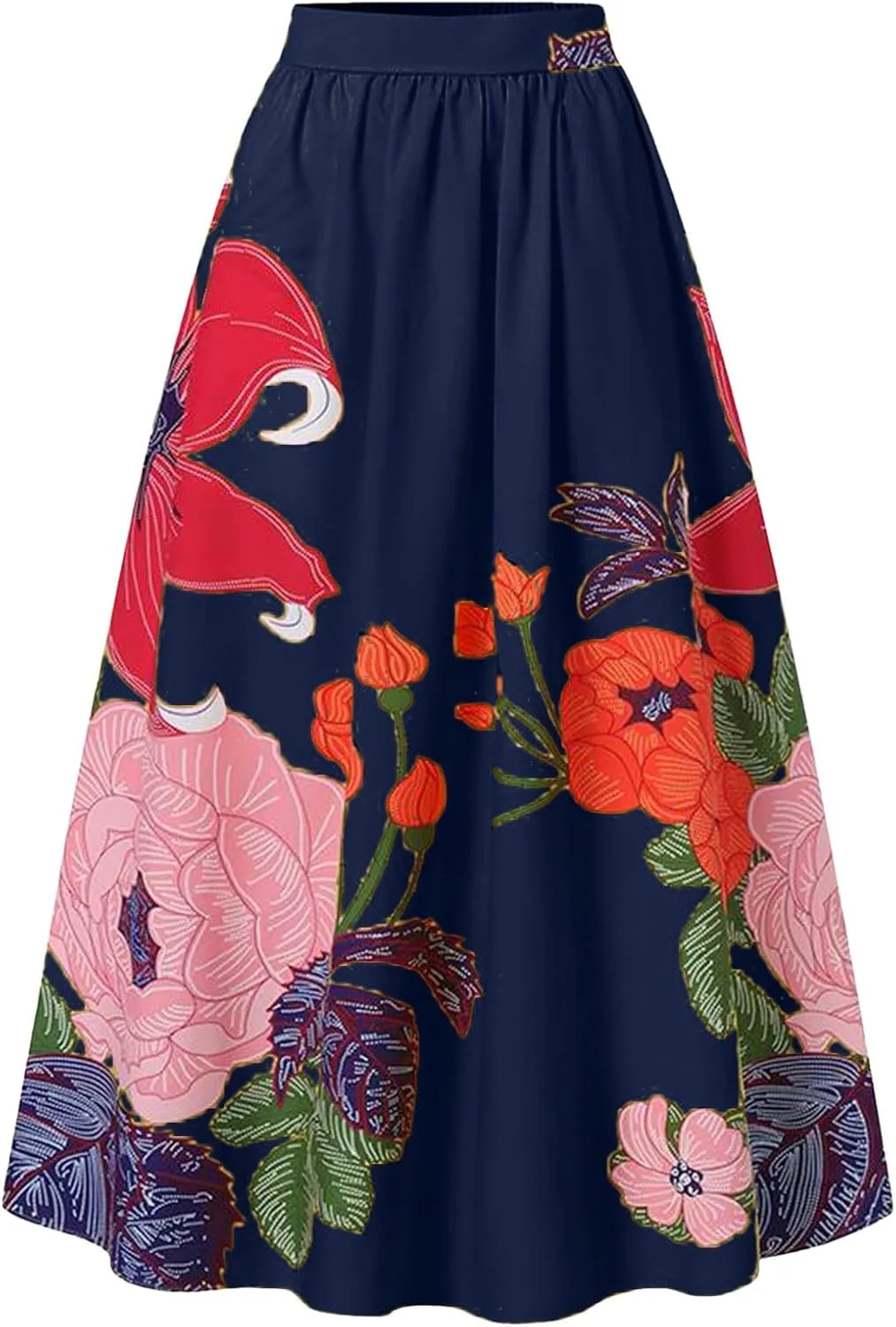 Womens Summer Boho Floral Maxi Skirt Elastic High Waist Flowy Long Skirts Tiered Pleated Beach Casual A Line with Pockets