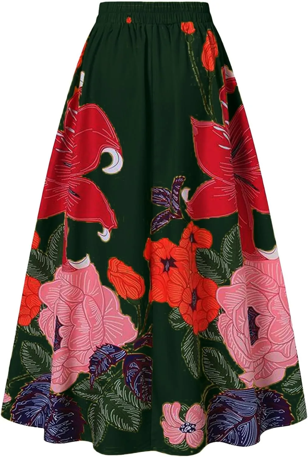 Womens Summer Boho Floral Maxi Skirt Elastic High Waist Flowy Long Skirts Tiered Pleated Beach Casual A Line with Pockets