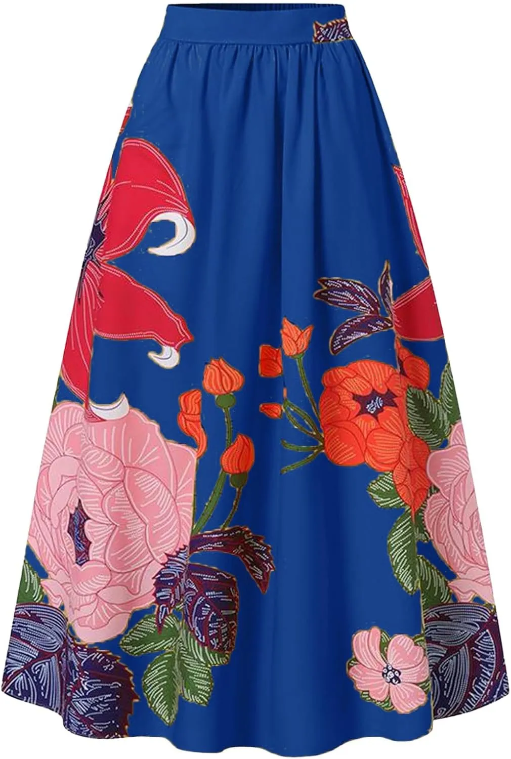 Womens Summer Boho Floral Maxi Skirt Elastic High Waist Flowy Long Skirts Tiered Pleated Beach Casual A Line with Pockets