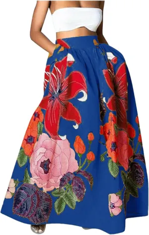 Womens Summer Boho Floral Maxi Skirt Elastic High Waist Flowy Long Skirts Tiered Pleated Beach Casual A Line with Pockets