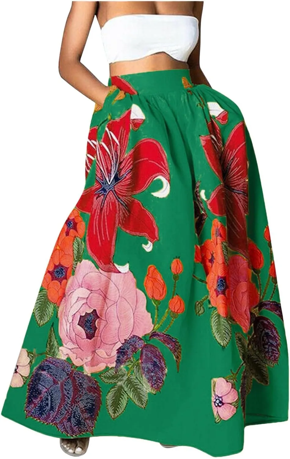 Womens Summer Boho Floral Maxi Skirt Elastic High Waist Flowy Long Skirts Tiered Pleated Beach Casual A Line with Pockets