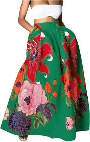Womens Summer Boho Floral Maxi Skirt Elastic High Waist Flowy Long Skirts Tiered Pleated Beach Casual A Line with Pockets