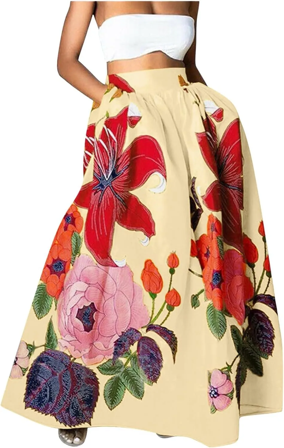 Womens Summer Boho Floral Maxi Skirt Elastic High Waist Flowy Long Skirts Tiered Pleated Beach Casual A Line with Pockets