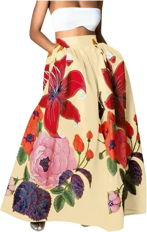 Womens Summer Boho Floral Maxi Skirt Elastic High Waist Flowy Long Skirts Tiered Pleated Beach Casual A Line with Pockets