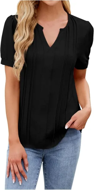 Women's Summer Tops Dressy Casual Blouses Puff Sleeve Short Sleeves Business Tunic Top V Neck Casual Loose Shirts