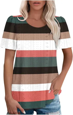 Womens Tops Eyelet Embroidery Striped Print Trendy Shirts Crewneck Loose Blouses Summer Casual Tunics Tees