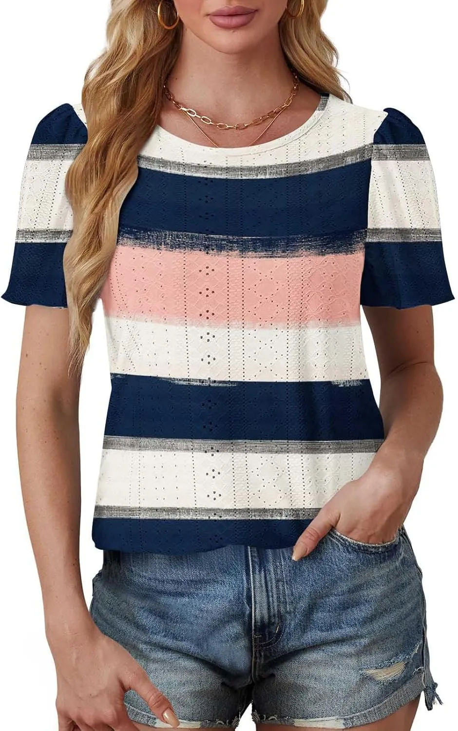 Womens Tops Eyelet Embroidery Striped Print Trendy Shirts Crewneck Loose Blouses Summer Casual Tunics Tees