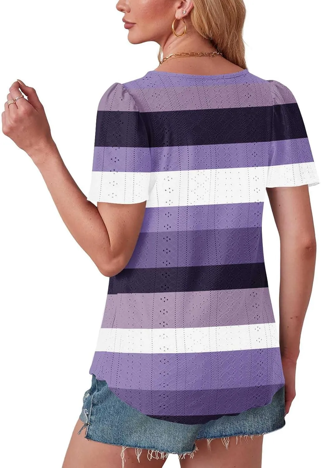 Womens Tops Eyelet Embroidery Striped Print Trendy Shirts Crewneck Loose Blouses Summer Casual Tunics Tees