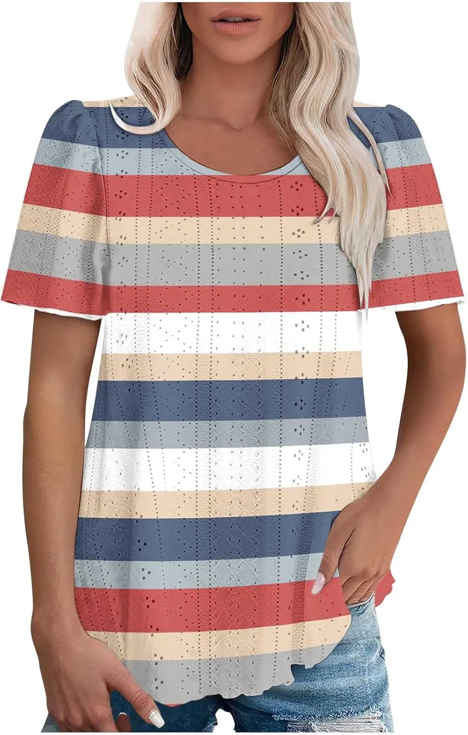 Womens Tops Eyelet Embroidery Striped Print Trendy Shirts Crewneck Loose Blouses Summer Casual Tunics Tees