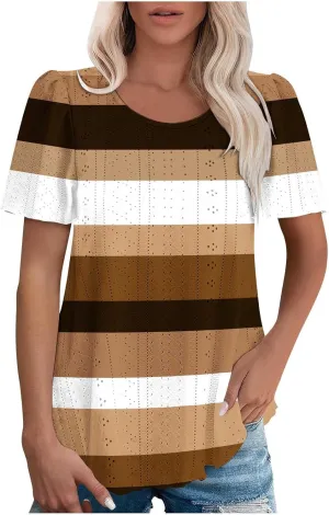Womens Tops Eyelet Embroidery Striped Print Trendy Shirts Crewneck Loose Blouses Summer Casual Tunics Tees