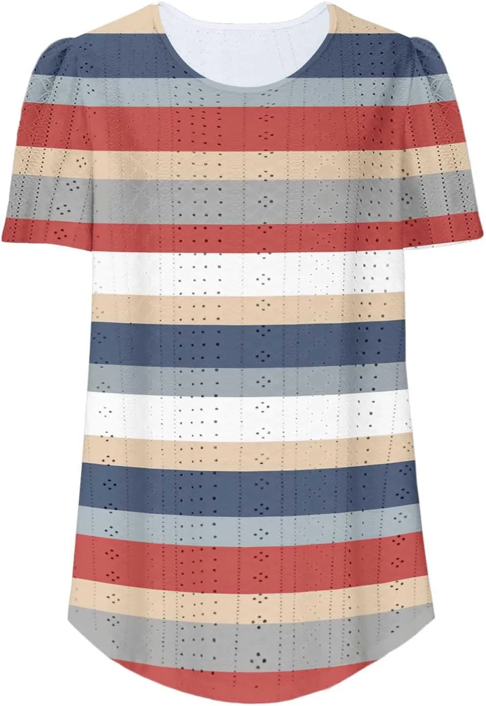 Womens Tops Eyelet Embroidery Striped Print Trendy Shirts Crewneck Loose Blouses Summer Casual Tunics Tees