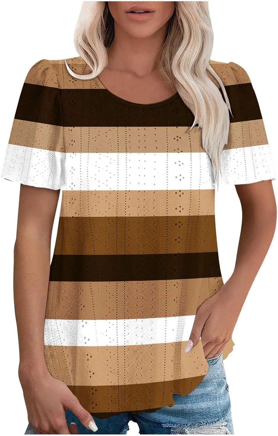 Womens Tops Eyelet Embroidery Striped Print Trendy Shirts Crewneck Loose Blouses Summer Casual Tunics Tees