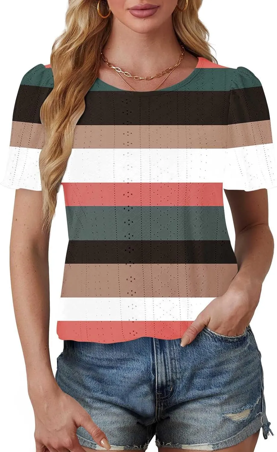 Womens Tops Eyelet Embroidery Striped Print Trendy Shirts Crewneck Loose Blouses Summer Casual Tunics Tees
