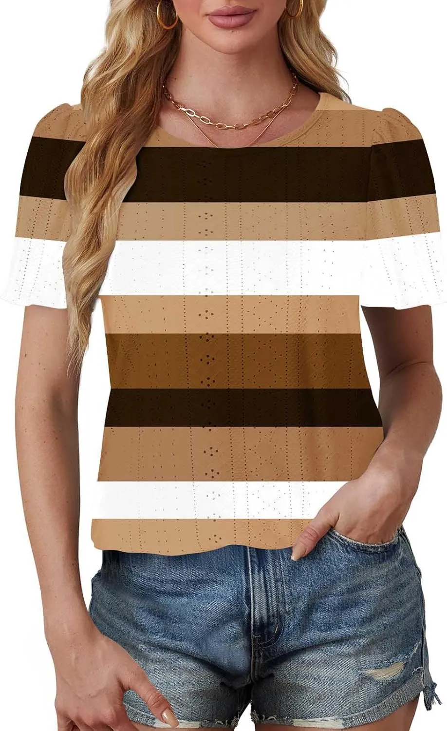 Womens Tops Eyelet Embroidery Striped Print Trendy Shirts Crewneck Loose Blouses Summer Casual Tunics Tees