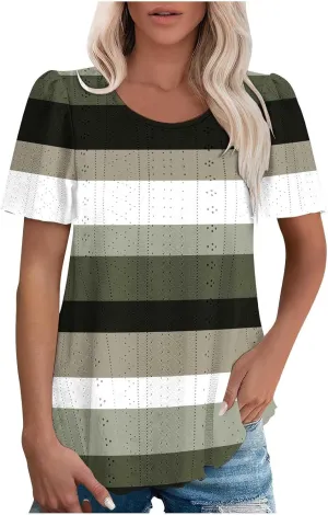Womens Tops Eyelet Embroidery Striped Print Trendy Shirts Crewneck Loose Blouses Summer Casual Tunics Tees