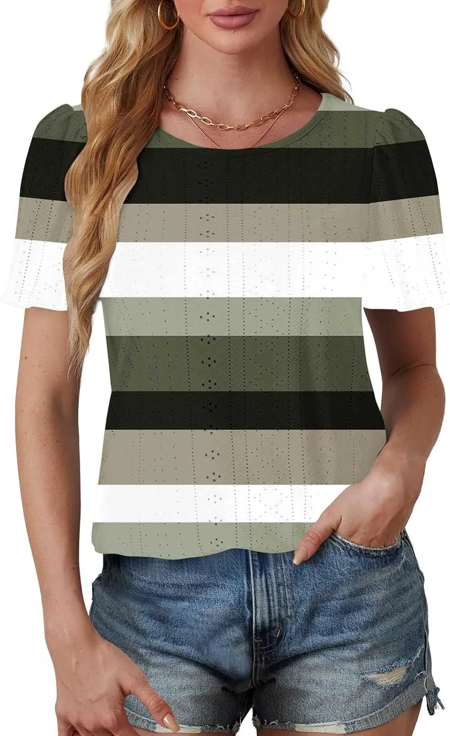 Womens Tops Eyelet Embroidery Striped Print Trendy Shirts Crewneck Loose Blouses Summer Casual Tunics Tees