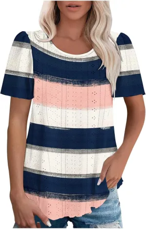 Womens Tops Eyelet Embroidery Striped Print Trendy Shirts Crewneck Loose Blouses Summer Casual Tunics Tees